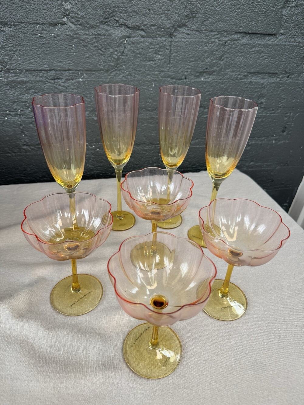 Anthropologie Lille Coupe & Champagne Glasses Set of 8 Ombre Scalloped